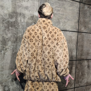 LV fleece track jacket handmade recycled faux fur bomber in brown