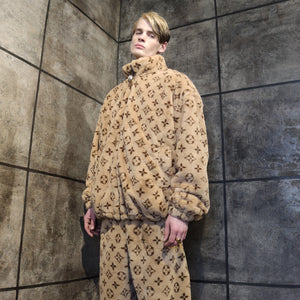 LV fleece track jacket handmade recycled faux fur bomber in brown