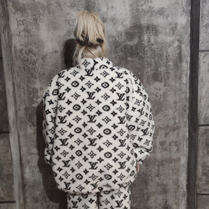 LV fleece jacket handmade recycled faux fur sports bomber in white