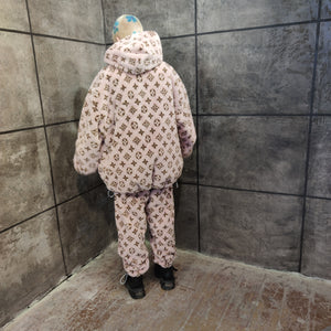 LV fleece track jacket handmade recycled faux fur hooded bomber in pink