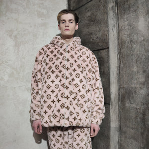 LV fleece track jacket handmade recycled faux fur hooded bomber in pink