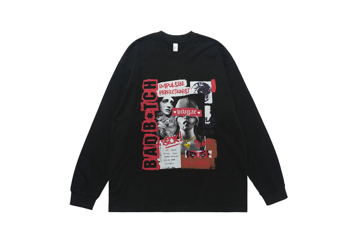 Bad bitch slogan top long sleeve raver tee grunge graffiti t-shirt in black