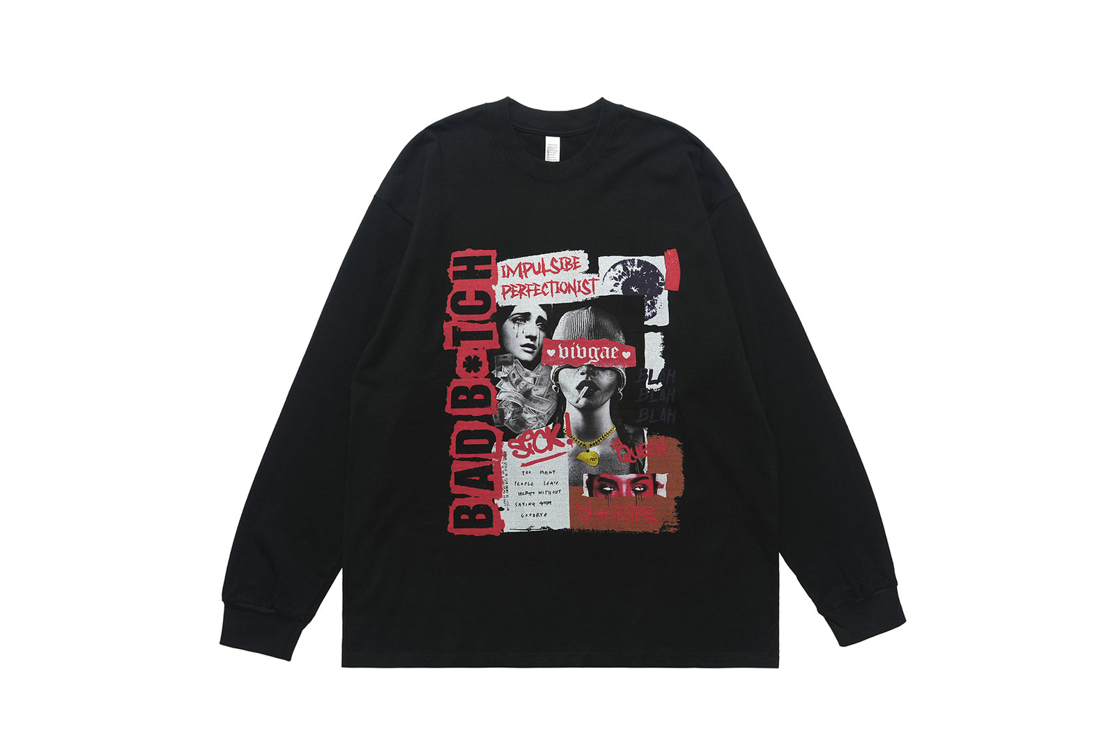 Bad bitch slogan top long sleeve raver tee grunge graffiti t-shirt in black