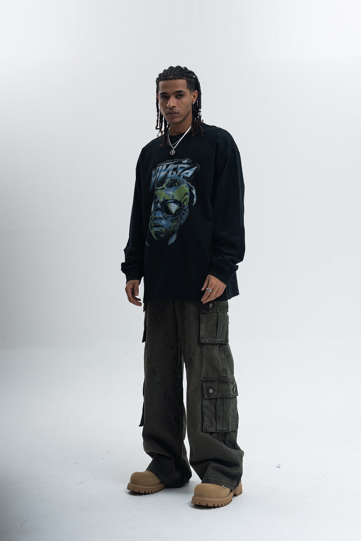 Cyberpunk top long sleeve psychedelic jumper raver print t-shirt in black