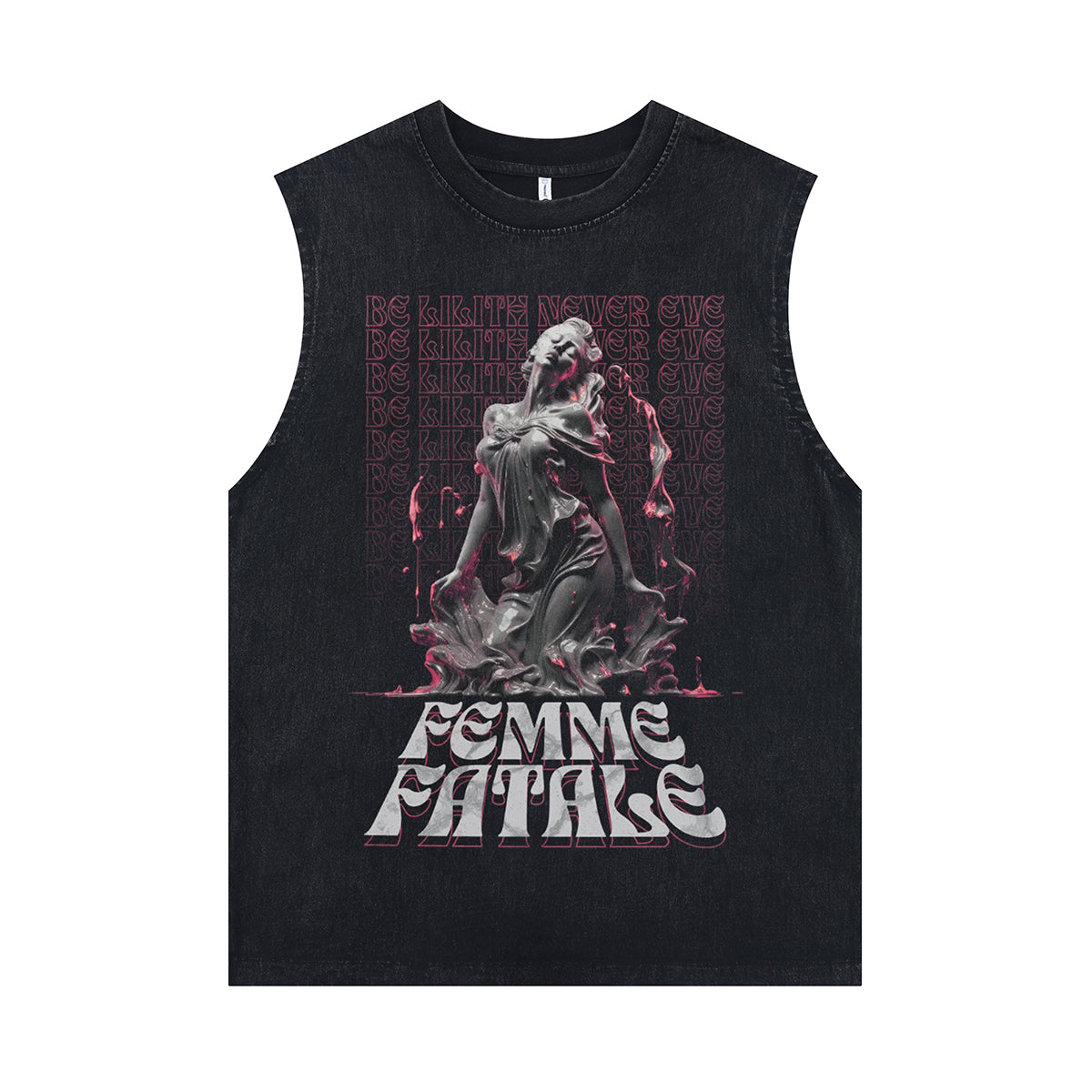 Femme fatale slogan sleeveless t-shirt gothic sculpture cartoon vest scary print tank top in acid wash black