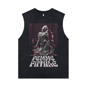 Femme fatale slogan sleeveless t-shirt gothic sculpture cartoon vest scary print tank top in acid wash black