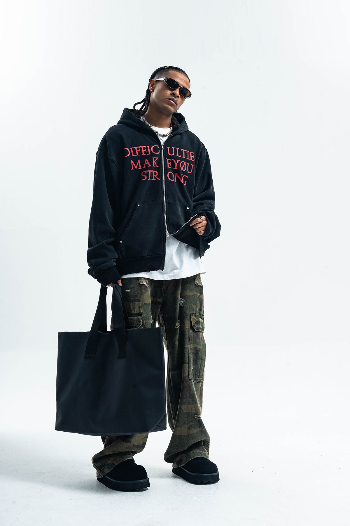 Motivational slogan hoodie grunge gorpcore pullover in black