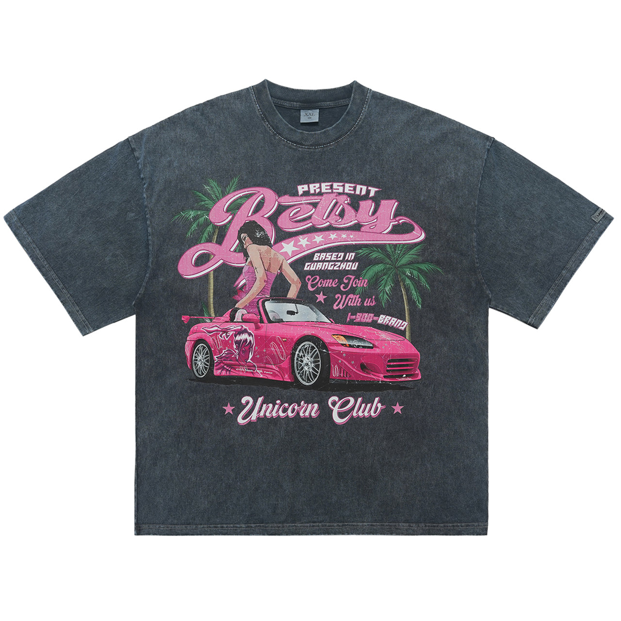 Retro car t-shirt racing top unicorn slogan tee in grey