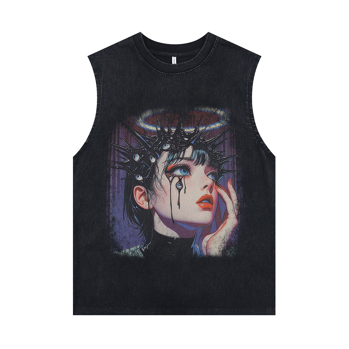 Cute girl sleeveless t-shirt anime cartoon surfer vest 00s grunge Manga tank top in acid wash black