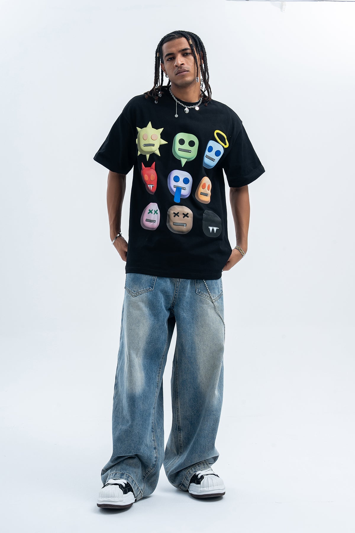 Emoji t-shirt robot tee psychedelic cartoon jumper in black