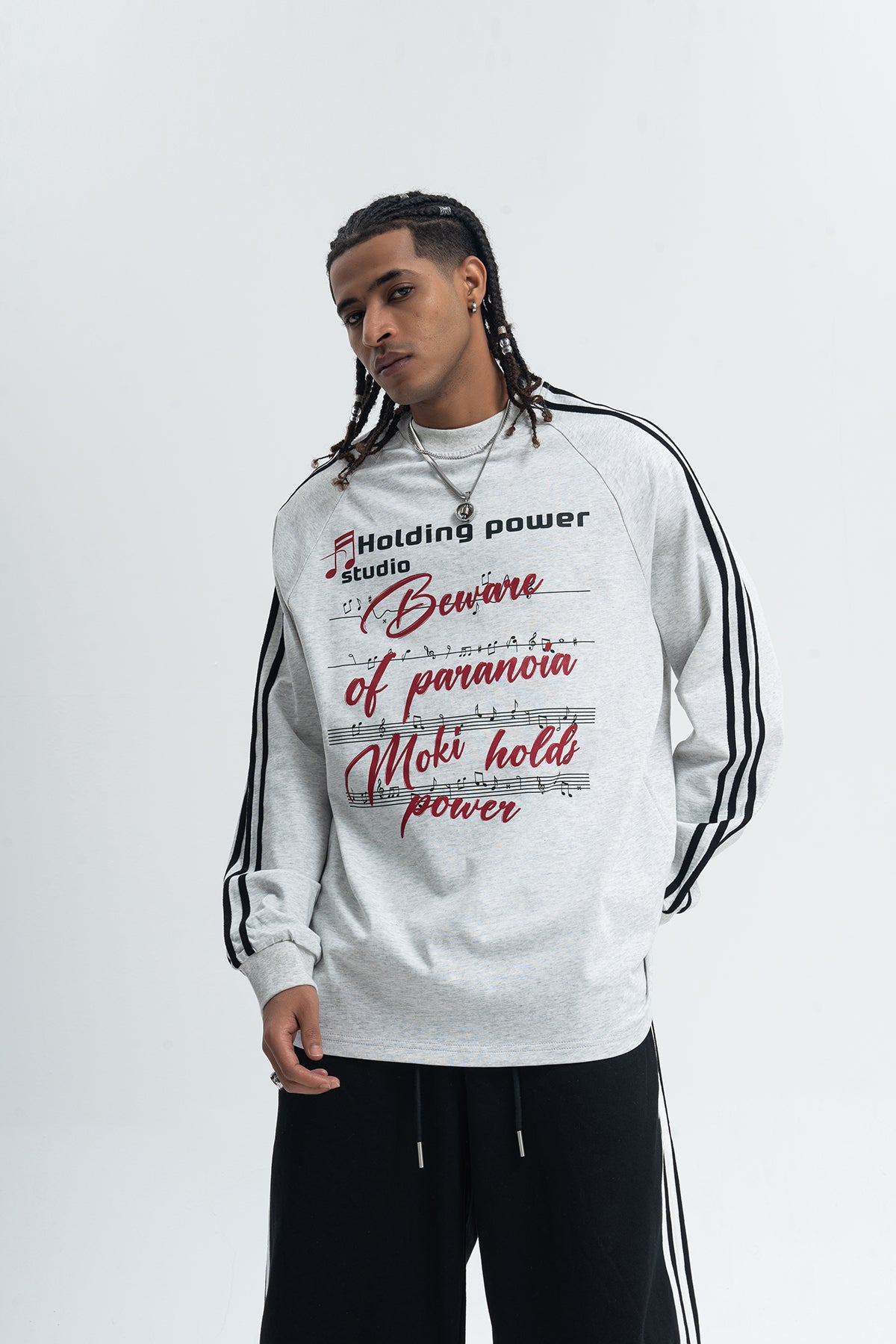 Paranoia slogan jumper long sleeve striped top music notes print retro t-shirt in white