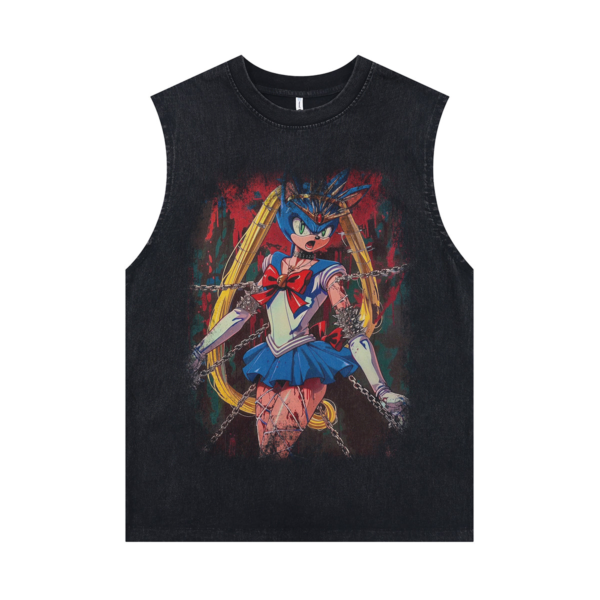 Crazy anime sleeveless t-shirt vintage Japanese vest retro cartoon tank top in acid wash black