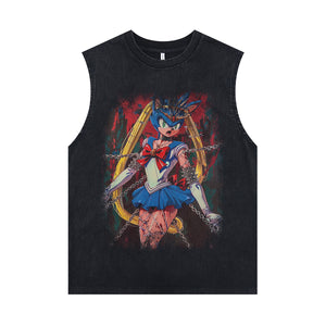 Crazy anime sleeveless t-shirt vintage Japanese vest retro cartoon tank top in acid wash black