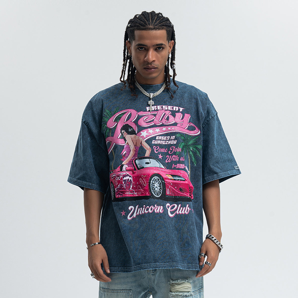 Retro car t-shirt racing top unicorn slogan tee in Purple