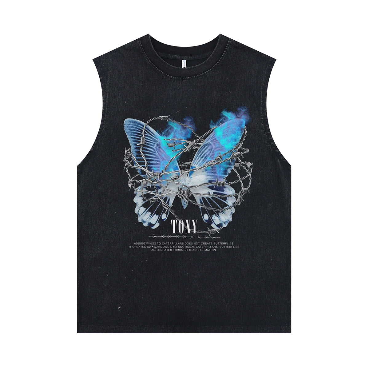 Butterfly print sleeveless t-shirt barbered wire surfer vest 00s cyberpunk tank top in acid wash black