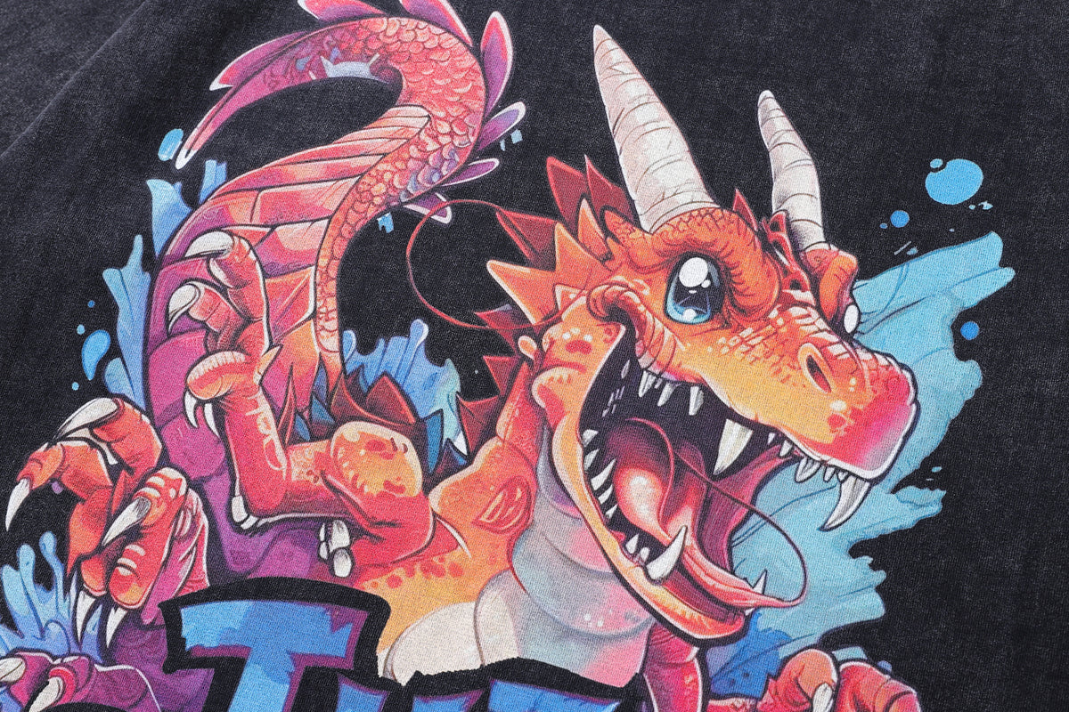 Dragon cartoon t-shirt death slogan tee retro monster top in vintage grey