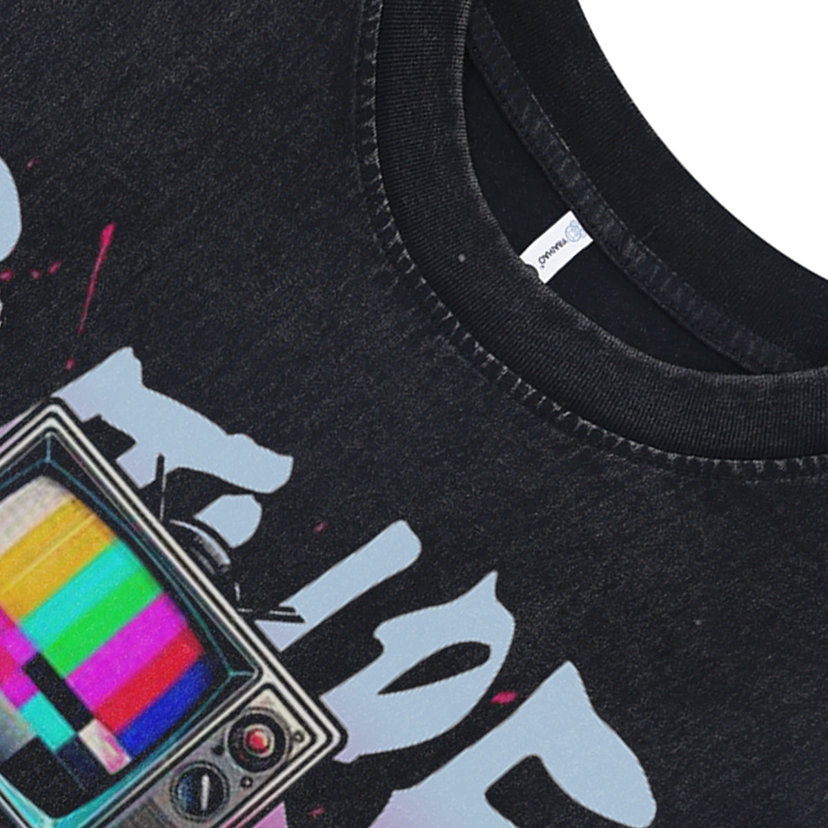 TV print sleeveless t-shirt 80s psychedelic surfer vest raver tank top in acid wash black