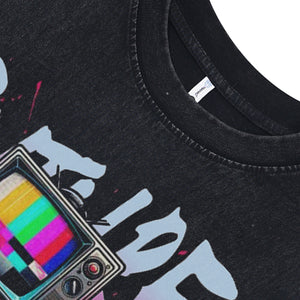 TV print sleeveless t-shirt 80s psychedelic surfer vest raver tank top in acid wash black