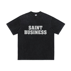 Business slogan t-shirt vintage saint top in black