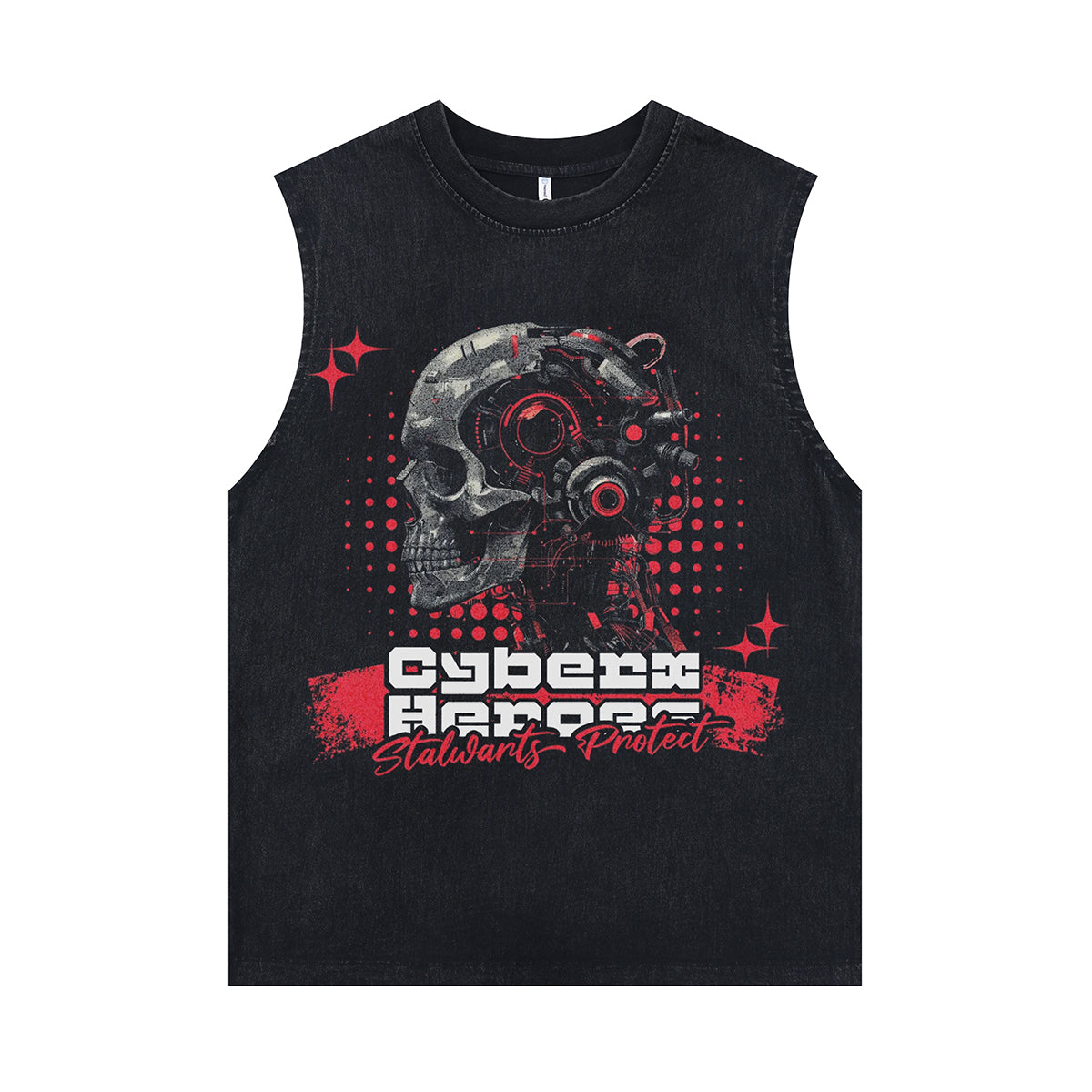 Cyberpunk sleeveless t-shirt skull print surfer vest futuristic bones tank top in acid wash black