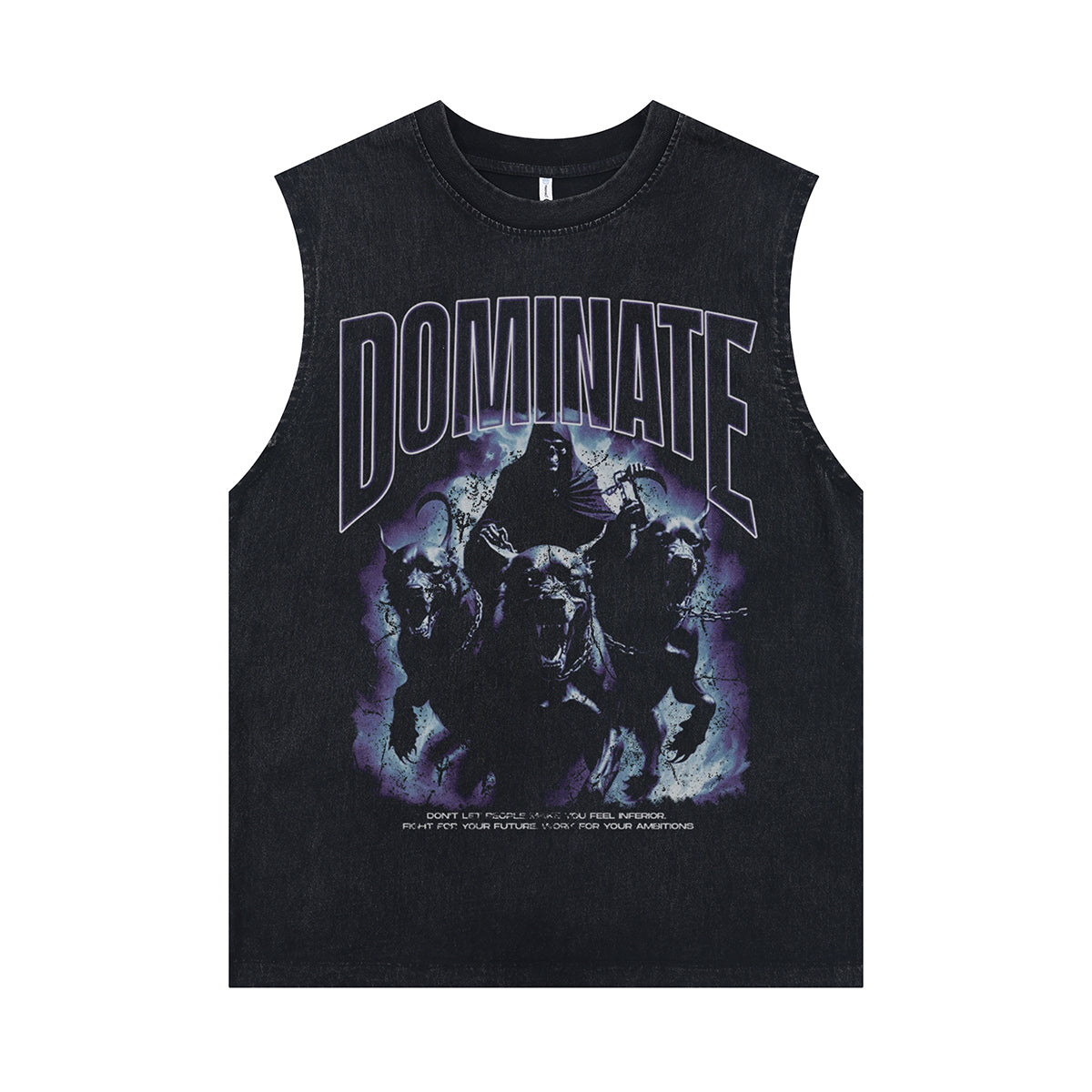 Death print vintage sleeveless t-shirt dominate slogan surfer vest retro metalcore tank top in acid wash black