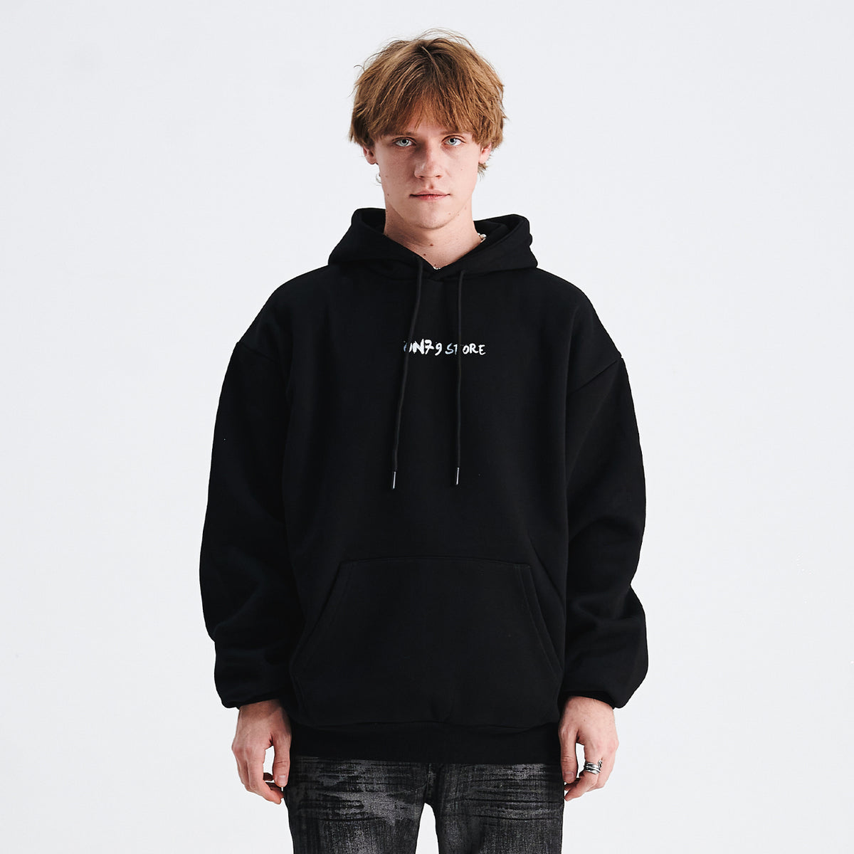 Middle finger print hoodie retro gunge jumper hip-hop pullover balaclava top in black