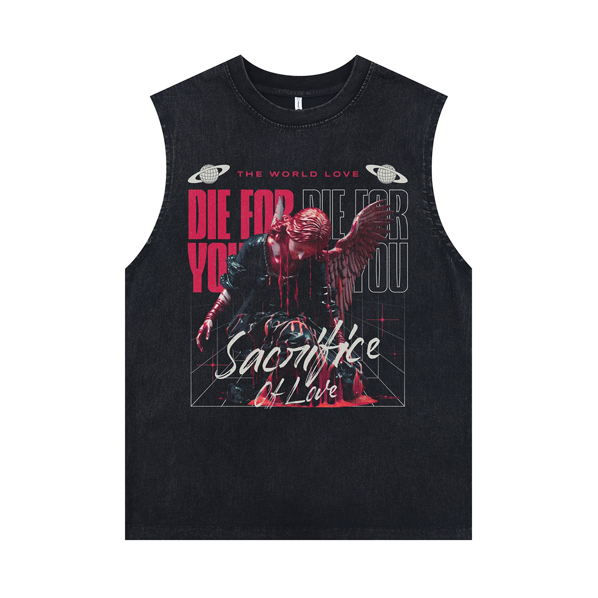 Sacrifice slogan sleeveless t-shirt gothic angel print surfer vest 00s creepy tank top in acid wash black