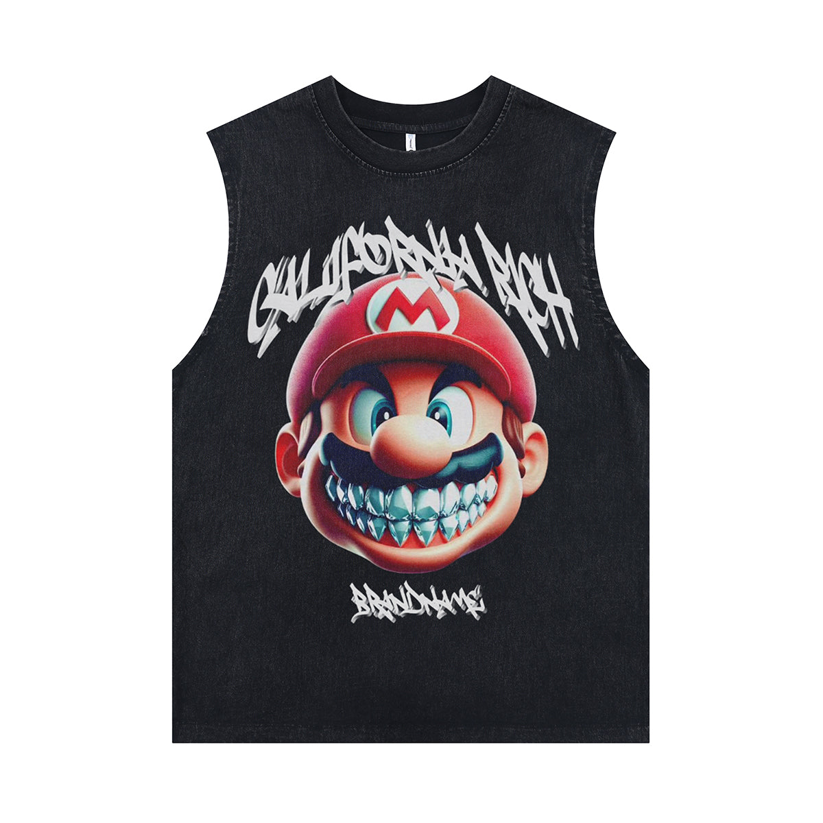 Super Mario sleeveless t-shirt vintage gamer vest 00s creepy cartoon tank top in acid wash black