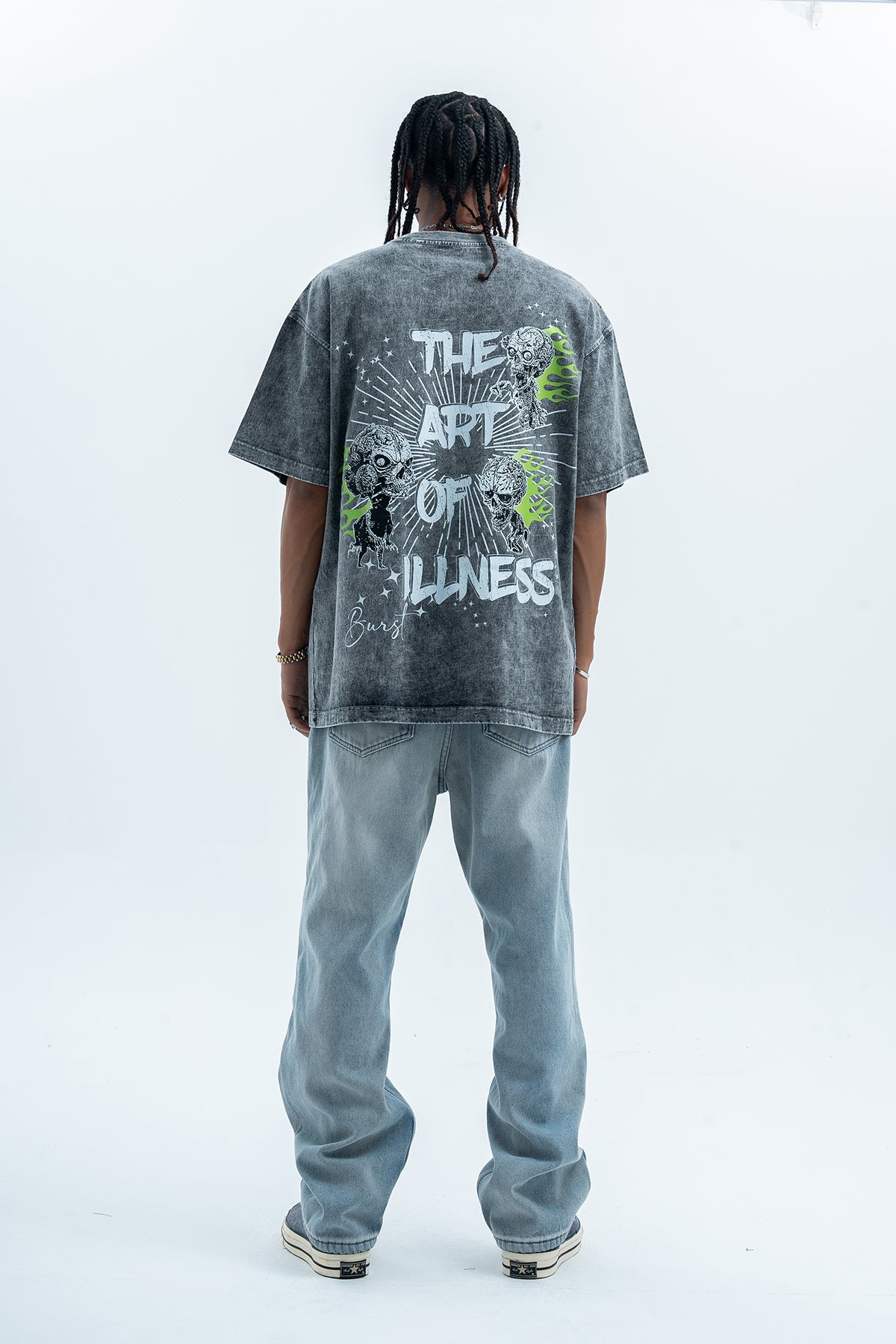 Flame t-shirt skeleton print tee grunge monster top skull jumper in Black