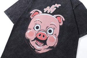 Pig t-shirt piglet print tee piggy poster top in vintage grey