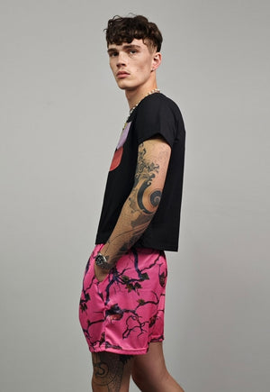 Forest print shorts pink mesh board cropped leaves pants