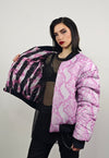 Pink snake varsity jacket Python print reversible bomber