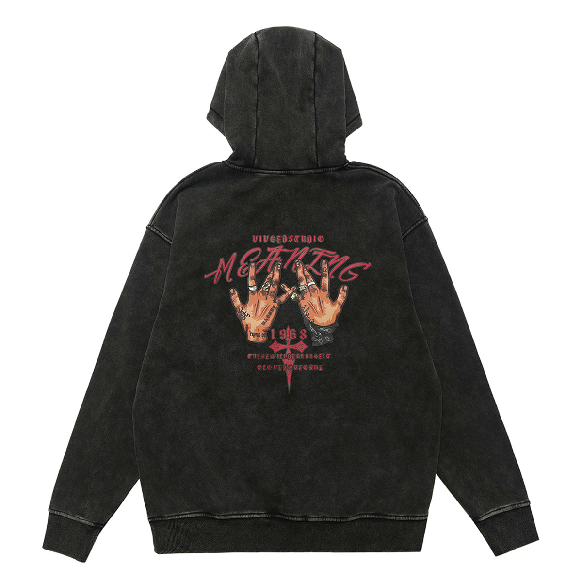 Palm print hoodie vintage hip-hop pullover retro gangster top tattoo print jumper in acid grey