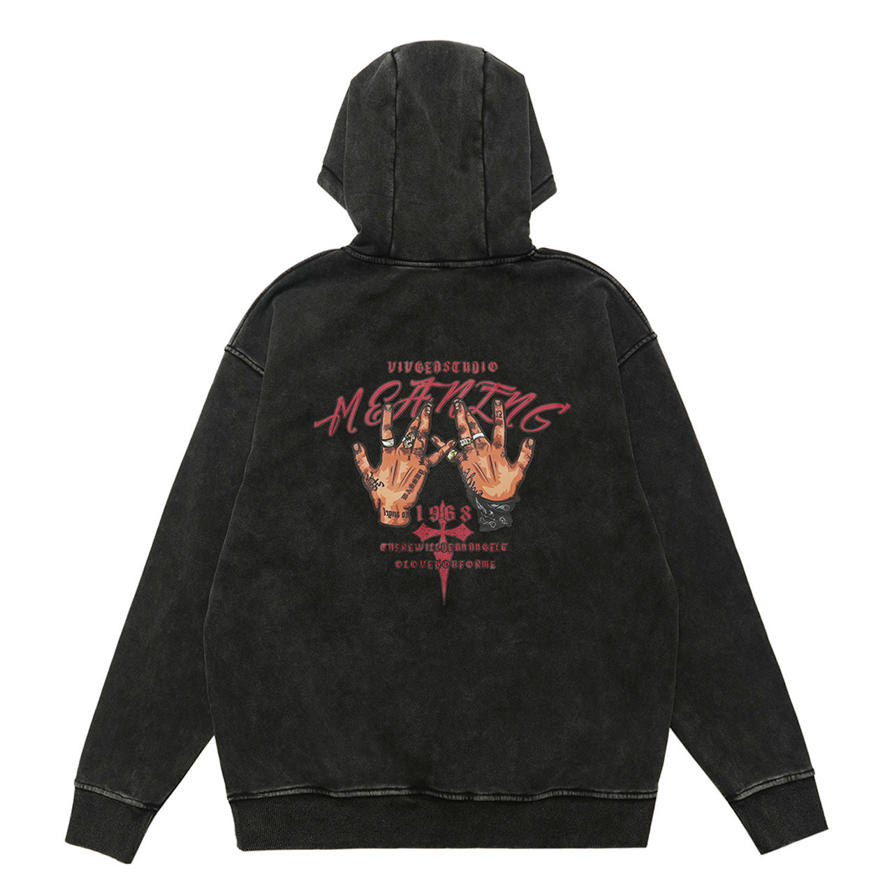 Palm print hoodie vintage hip-hop pullover retro gangster top tattoo print jumper in acid grey