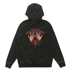 Palm print hoodie vintage hip-hop pullover retro gangster top tattoo print jumper in acid grey