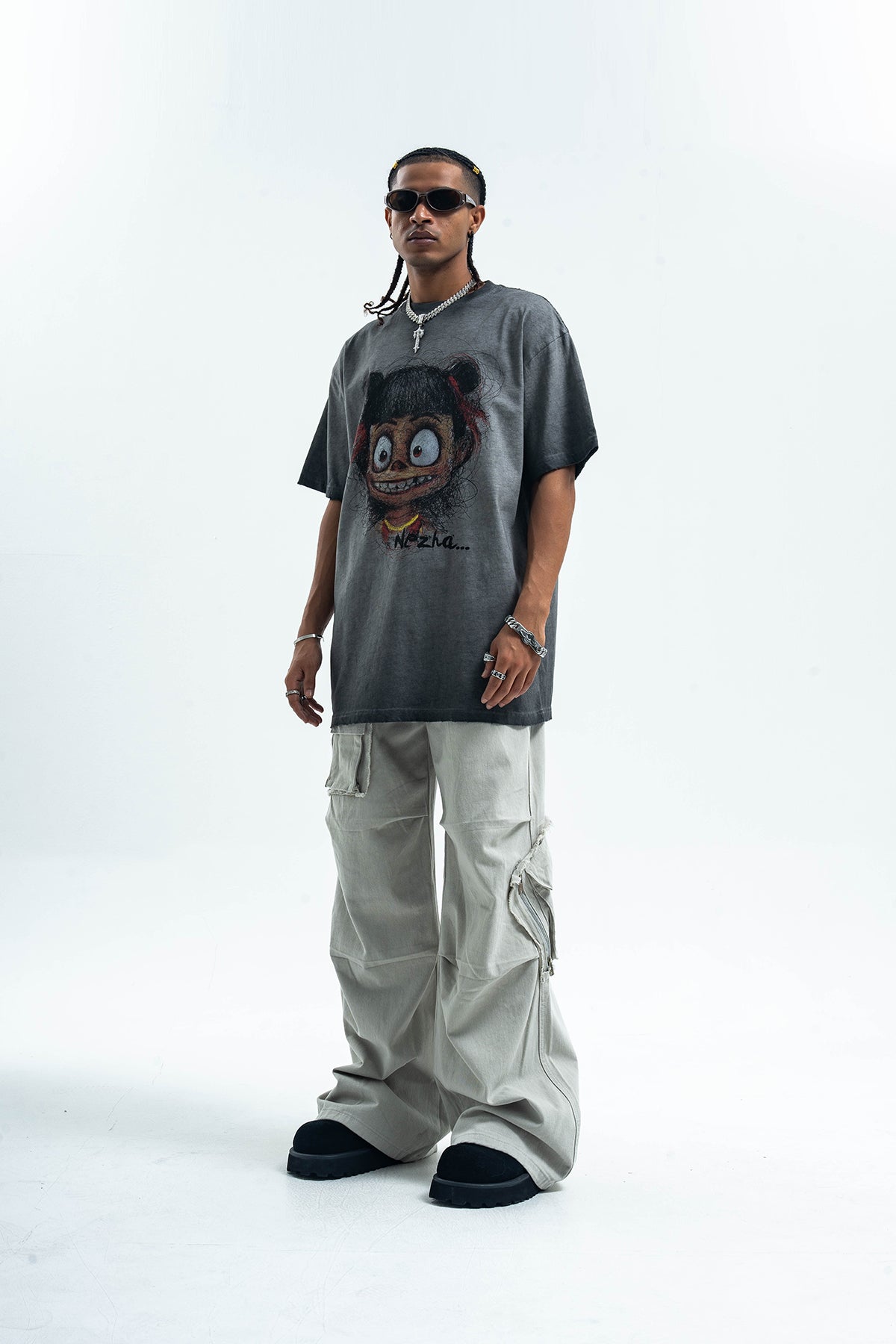 Scary cartoon t-shirt creepy anime top grunge retro horror tee in Grey