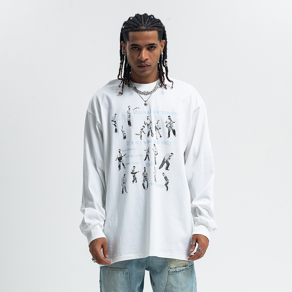 Retro poster jumper musician print long sleeve top 70s grunge t-shirt in brown