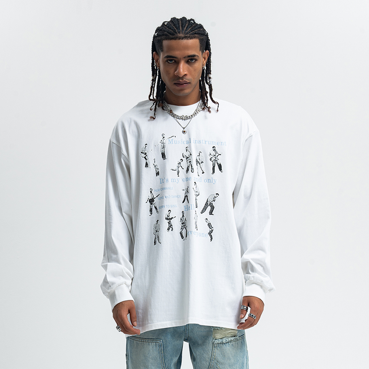 Retro poster jumper musician print long sleeve top 70s grunge t-shirt in white