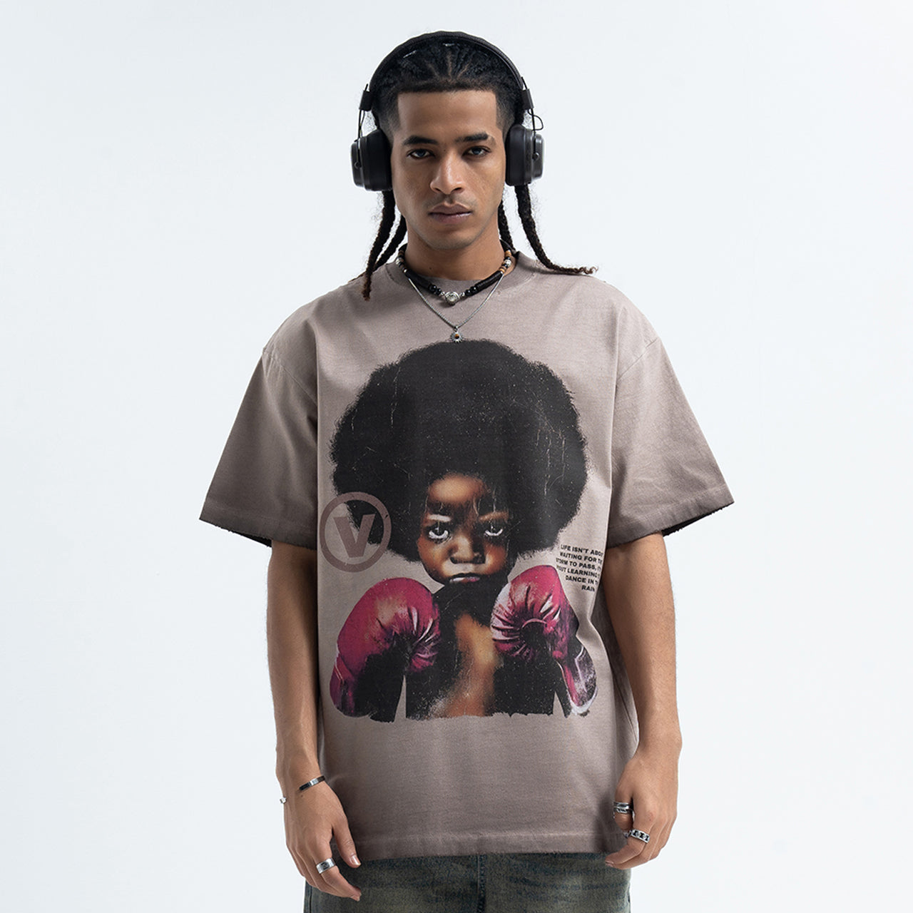 Kid boxer t-shirt retro cartoon top motivational slogan tee in Beige