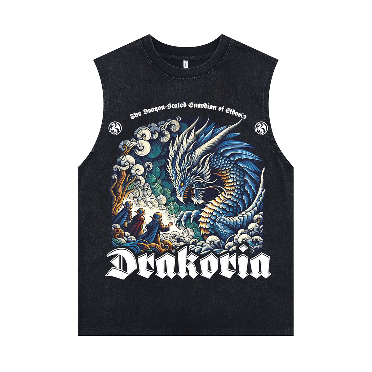 Dragon print sleeveless t-shirt medieval poster surfer vest retro monster tank top in acid wash black