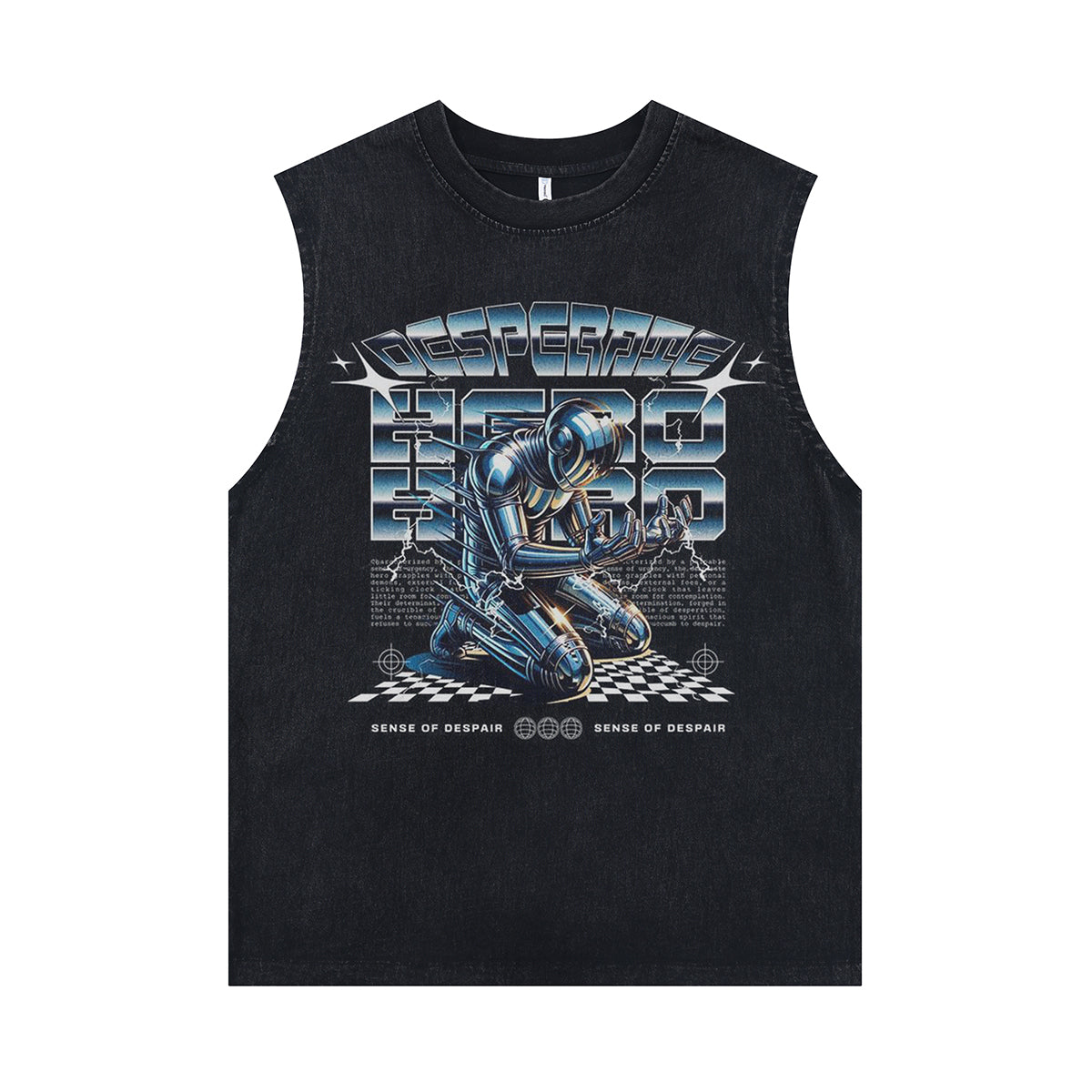 Robot print sleeveless t-shirt cybperpunk cartoon surfer vest retro cartoon slogan tank top in acid wash black