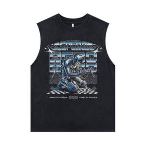 Robot print sleeveless t-shirt cybperpunk cartoon surfer vest retro cartoon slogan tank top in acid wash black