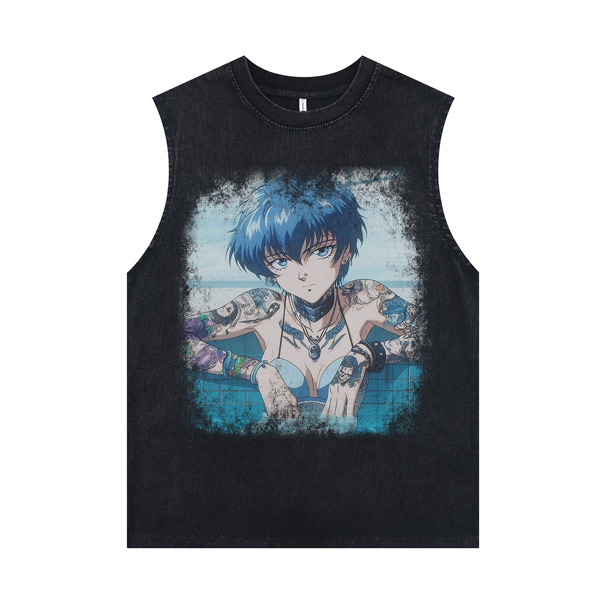 Anime girl cartoon sleeveless t-shirt Japanese surfer vest 00s retro Manga tank top in acid wash black