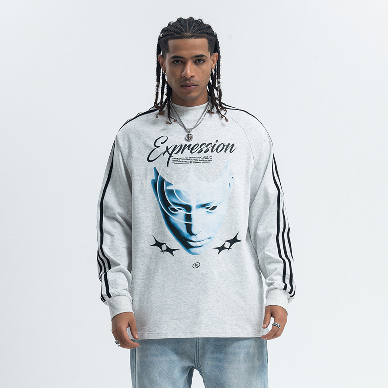 Psychedelic jumper long sleeve cybepunk top alien print t-shirt grunge striped pullover in white