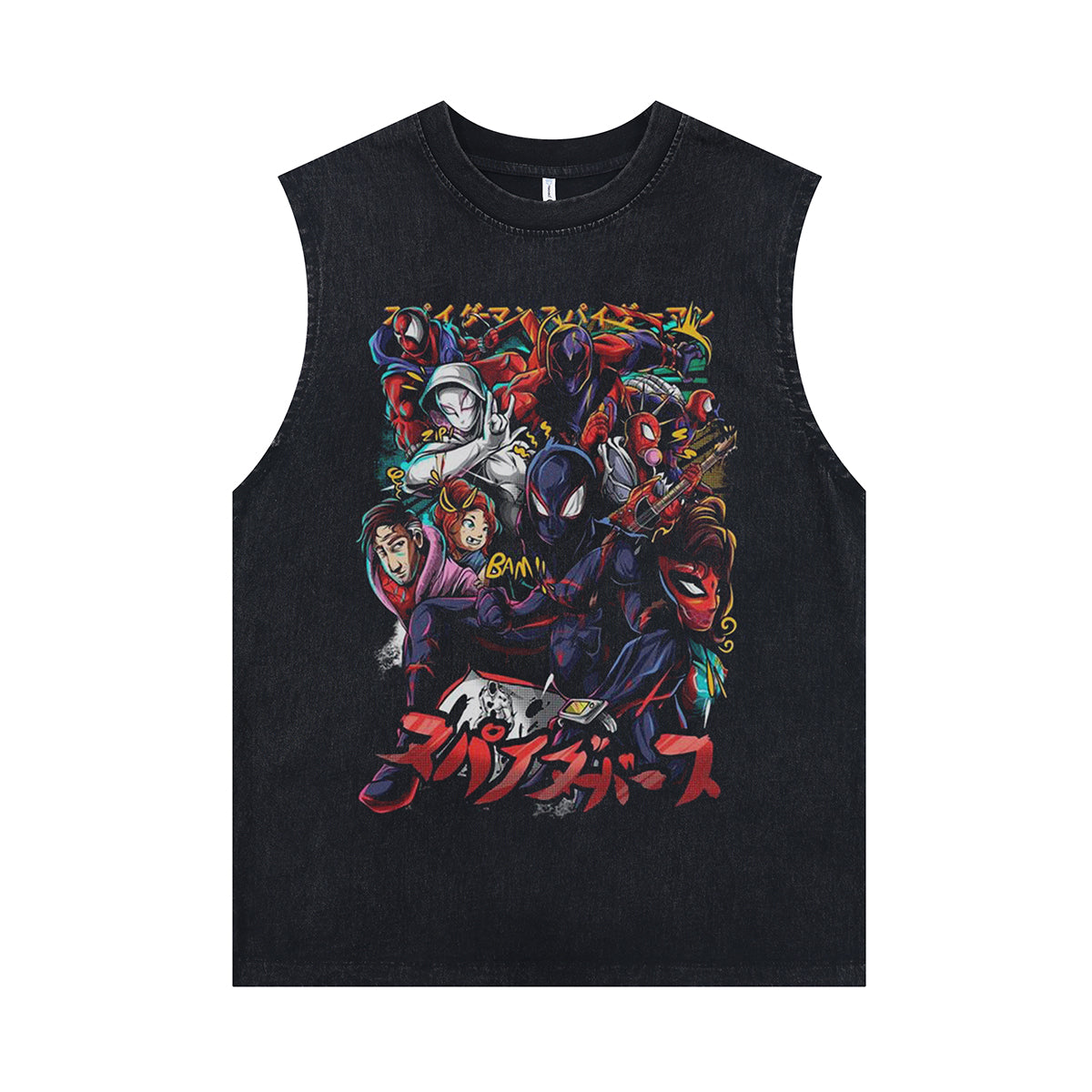 Anime villain sleeveless t-shirt vintage Japanese vest retro cartoon tank top in acid wash black