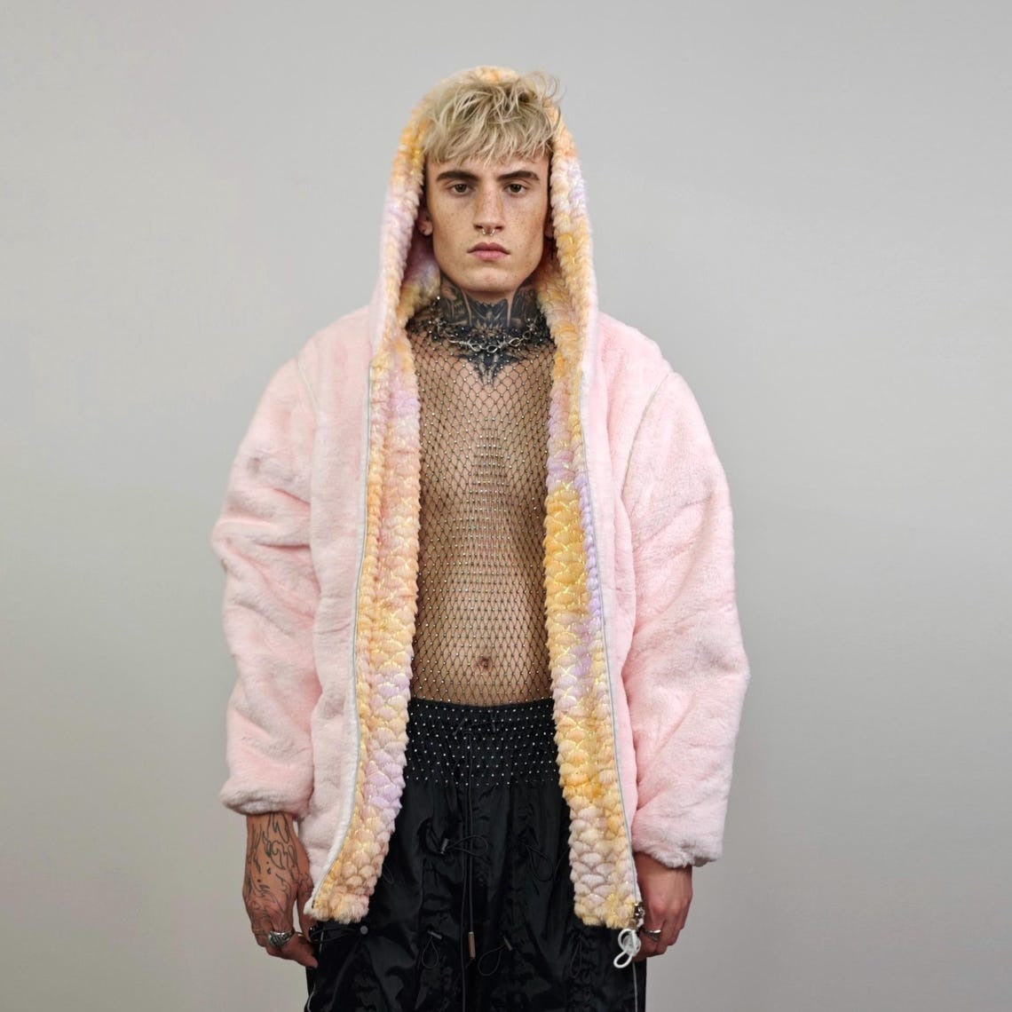 Pastel pink fleece jacket reversible mermaid hood faux fur bomber retro geometric coat burning man overcoat fluffy golden rave festival set