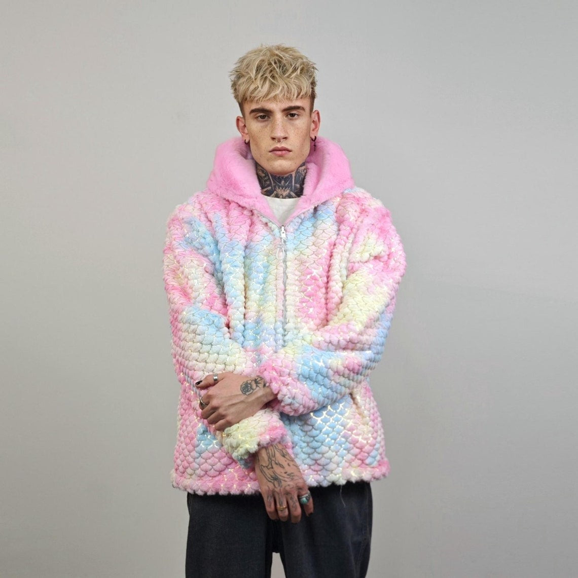 Tie-dye mermaid jacket blue pink reversible fleece hood faux fur bomber retro geometric coat burning man overcoat fluffy golden festival set