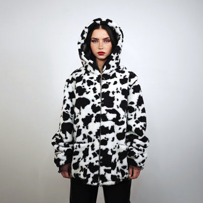 Cow fleece bucket oversize animal print hat festival fisherman furry head gown spot print cap Dalmatian headband psychedelic rave headwear