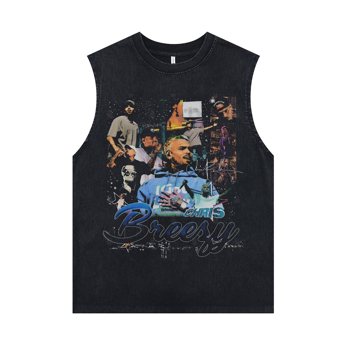 Chris Brown sleeveless t-shirt vintage Breezy vest hip-hop tank top in acid wash black