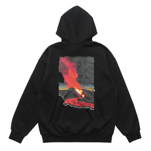 Volcano print hoodie gorpcore flame pullover less is more slogan jumper in black